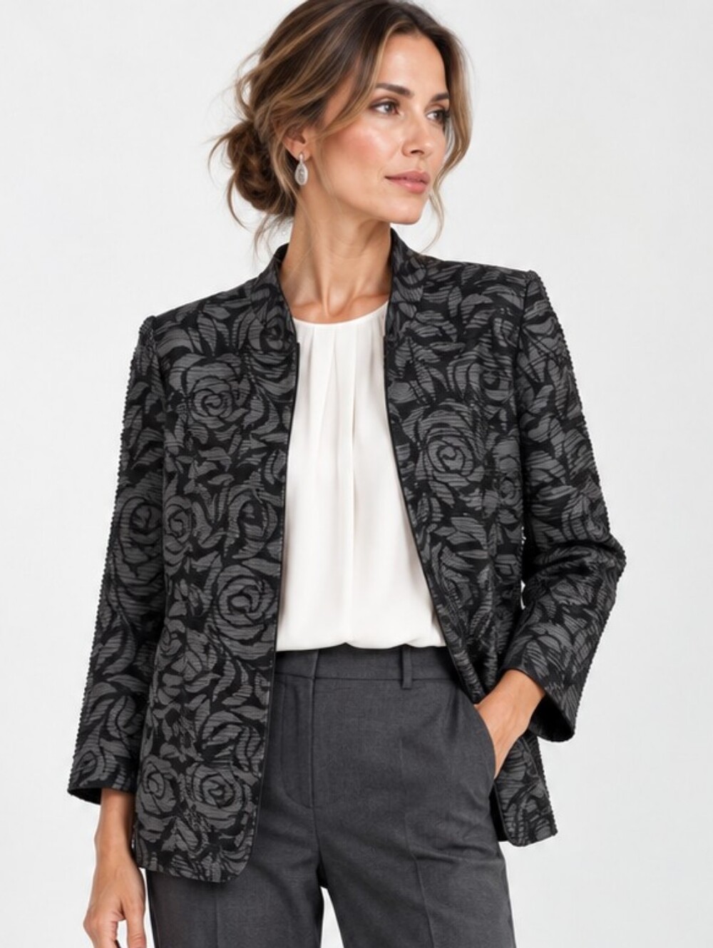 Joseph Ribkoff Blazer Gray Black Jacquard Rose Pattern Jacket